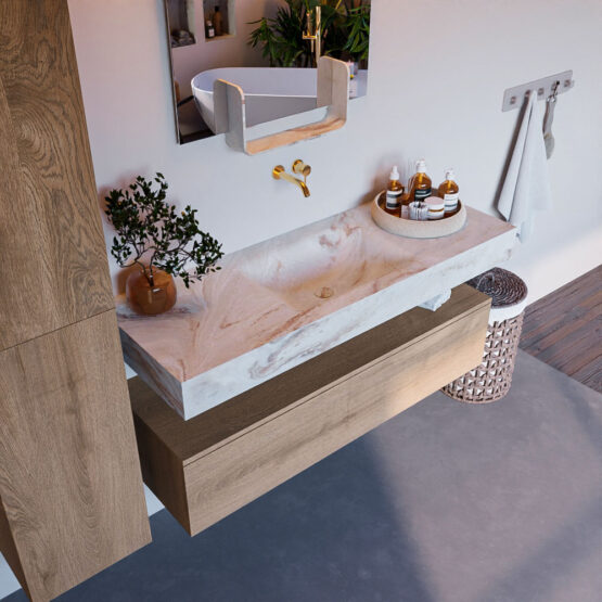 MONDIAZ ALAN-DLUX 130cm mueble de baño Washed Oak 1 cajón. Lavabo CLOUD Centro sin orificios color Frappe.