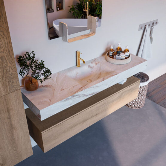 MONDIAZ ALAN-DLUX 150cm mueble de baño Washed Oak 1 cajón. Lavabo CLOUD Centro 1 orificio color Frappe.