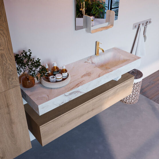 MONDIAZ ALAN-DLUX 150cm mueble de baño Washed Oak 1 cajón. Lavabo CLOUD Derecho 1 orificio color Frappe.