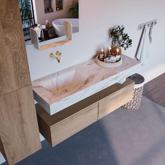 MONDIAZ ALAN-DLUX 130cm mueble de baño Washed Oak 2 cajones. Lavabo CLOUD Izquierda sin orificios color Frappe.