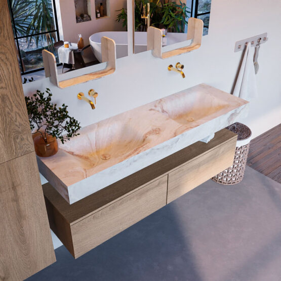MONDIAZ ALAN-DLUX 150cm mueble de baño Washed Oak 2 cajones. Lavabo CLOUD Doble sin orificios color Frappe.