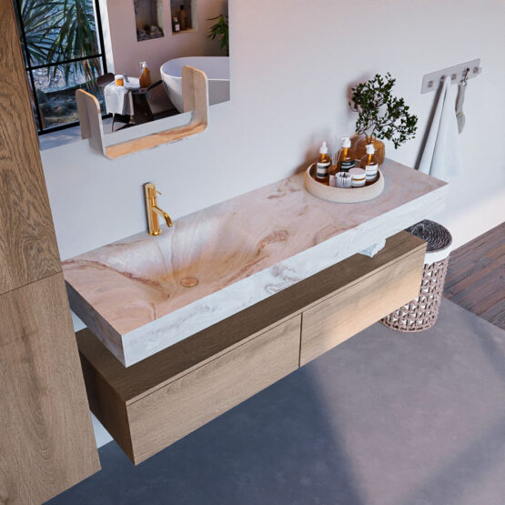 MONDIAZ ALAN-DLUX 150cm mueble de baño Washed Oak 2 cajones. Lavabo CLOUD Izquierda 1 orificio color Frappe.