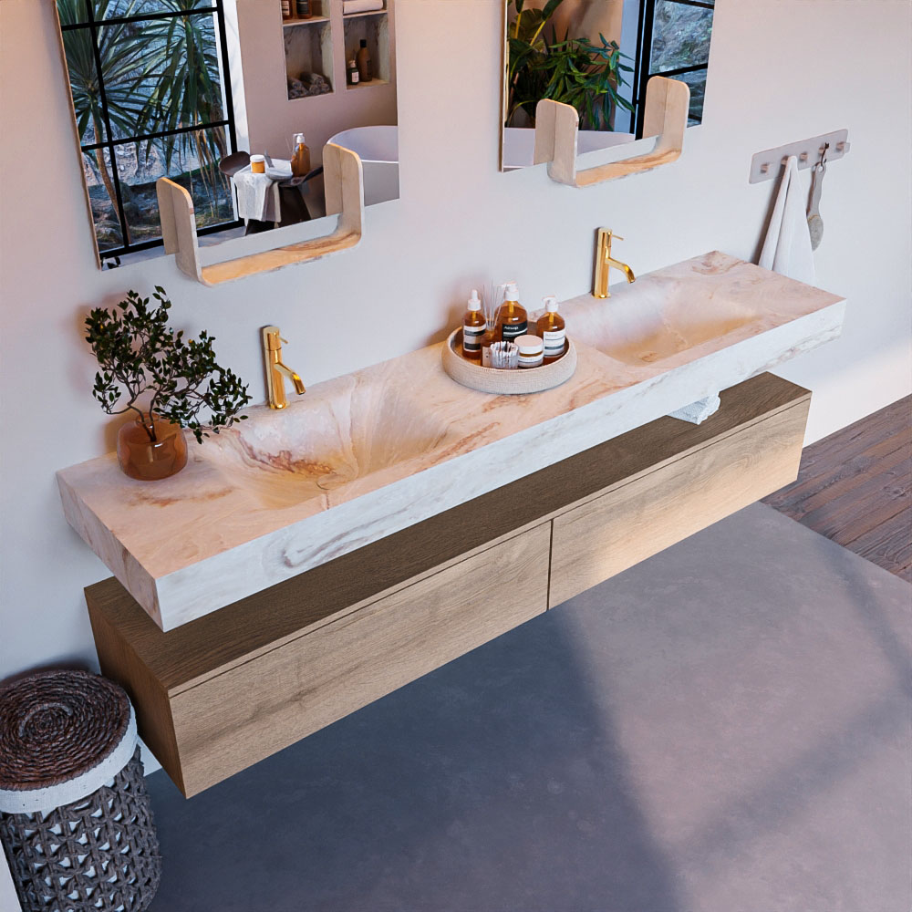 MONDIAZ ALAN-DLUX 200cm mueble de baño Washed Oak 2 cajones. Lavabo CLOUD Doble 2 orificios color Frappe. 1 MONDIAZ ALAN-DLUX 200cm mueble de baño Washed Oak 2 cajones. Lavabo CLOUD Doble 2 orificios color Frappe.
