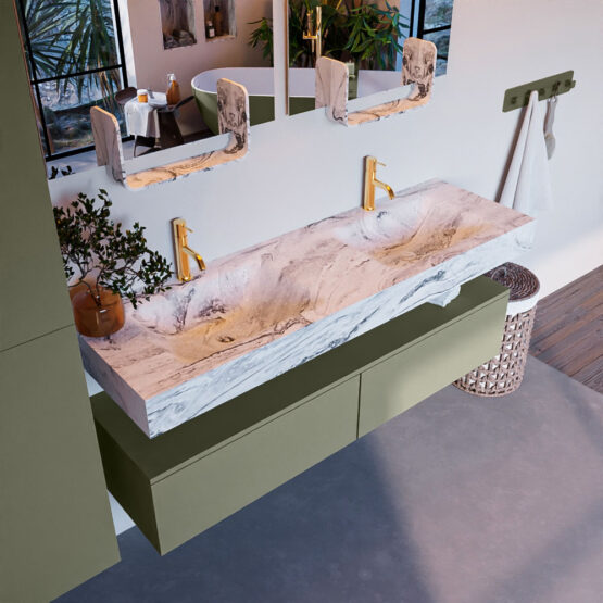 MONDIAZ ALAN-DLUX 150cm mueble de baño Army 2 cajones. Lavabo CLOUD Doble 2 orificios color Glace.