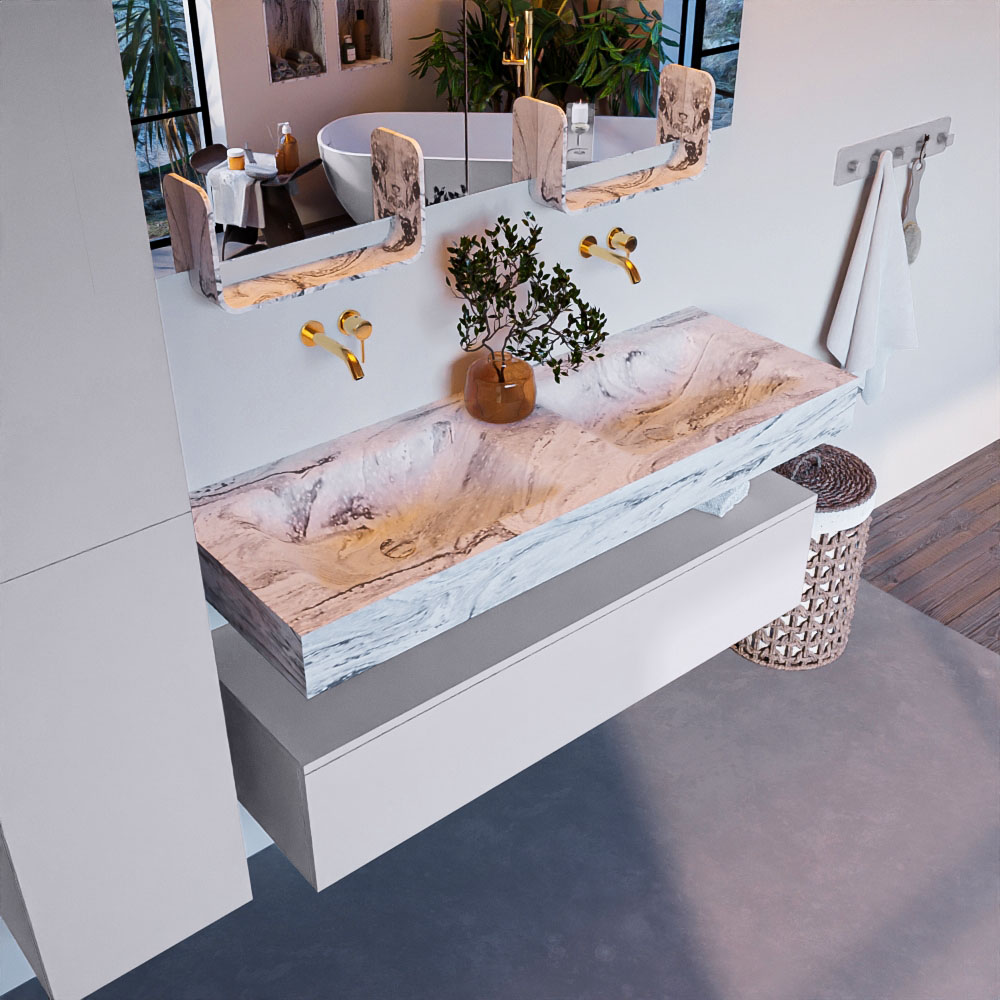 MONDIAZ ALAN-DLUX 130cm mueble de baño Cale 1 cajón. Lavabo CLOUD Doble sin orificios color Glace. 1 MONDIAZ ALAN-DLUX 130cm mueble de baño Cale 1 cajón. Lavabo CLOUD Doble sin orificios color Glace.