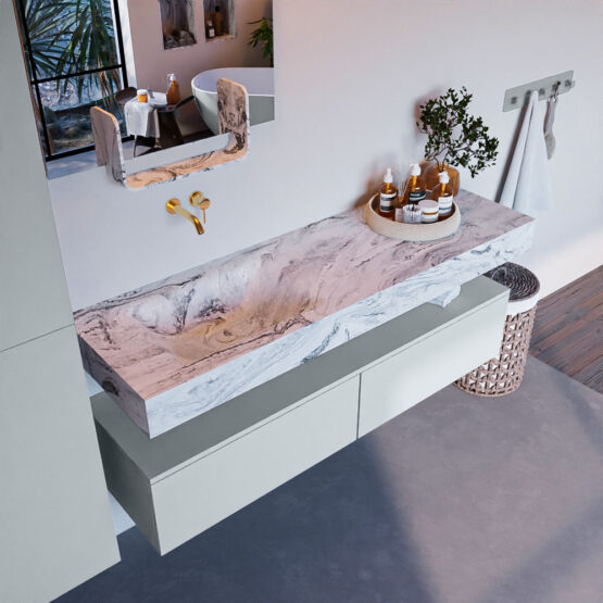 MONDIAZ ALAN-DLUX 150cm mueble de baño Clay 2 cajones. Lavabo CLOUD Izquierda sin orificios color Glace.