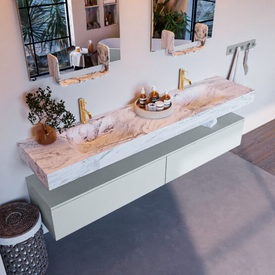 MONDIAZ ALAN-DLUX 200cm mueble de baño Clay 2 cajones. Lavabo CLOUD Doble 2 orificios color Glace.