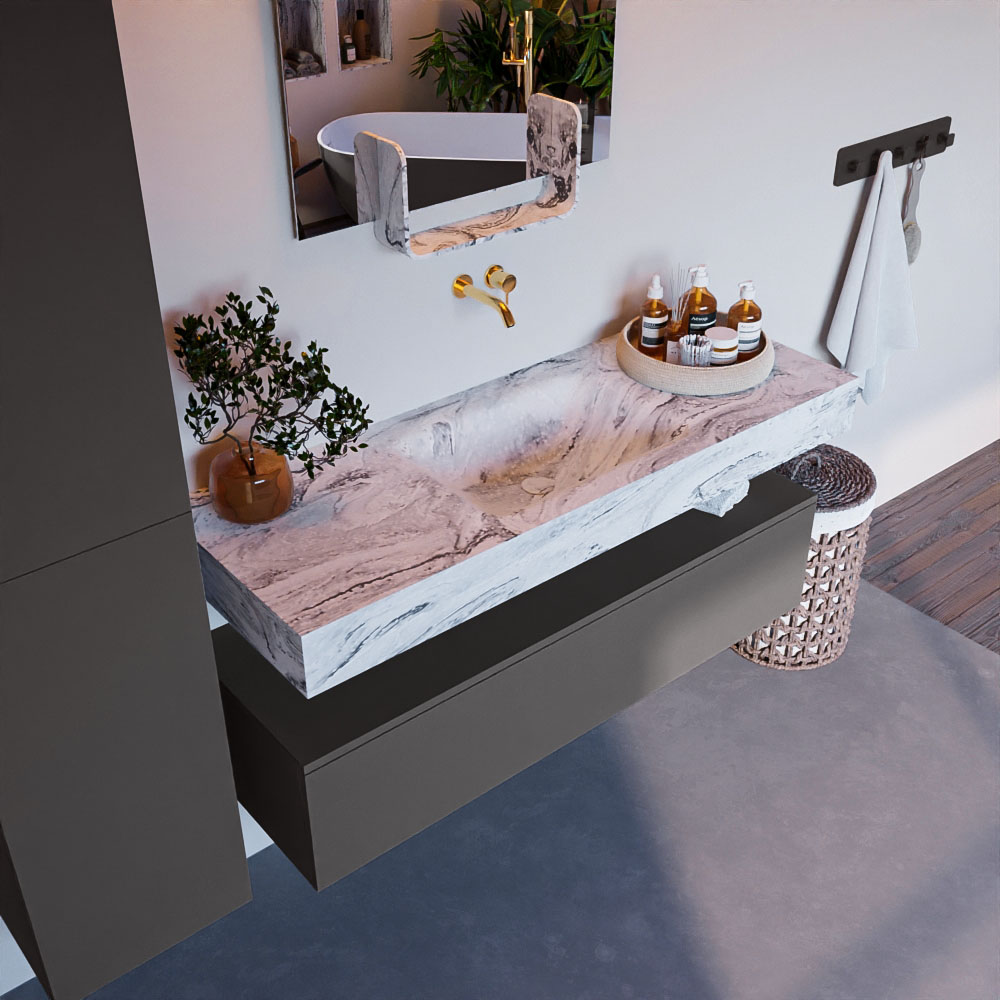 MONDIAZ ALAN-DLUX 130cm mueble de baño Dark Grey 1 cajón. Lavabo CLOUD Centro sin orificios color Glace. 1 MONDIAZ ALAN-DLUX 130cm mueble de baño Dark Grey 1 cajón. Lavabo CLOUD Centro sin orificios color Glace.
