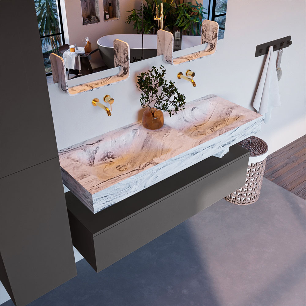 MONDIAZ ALAN-DLUX 130cm mueble de baño Dark Grey 1 cajón. Lavabo CLOUD Doble sin orificios color Glace. 1 MONDIAZ ALAN-DLUX 130cm mueble de baño Dark Grey 1 cajón. Lavabo CLOUD Doble sin orificios color Glace.
