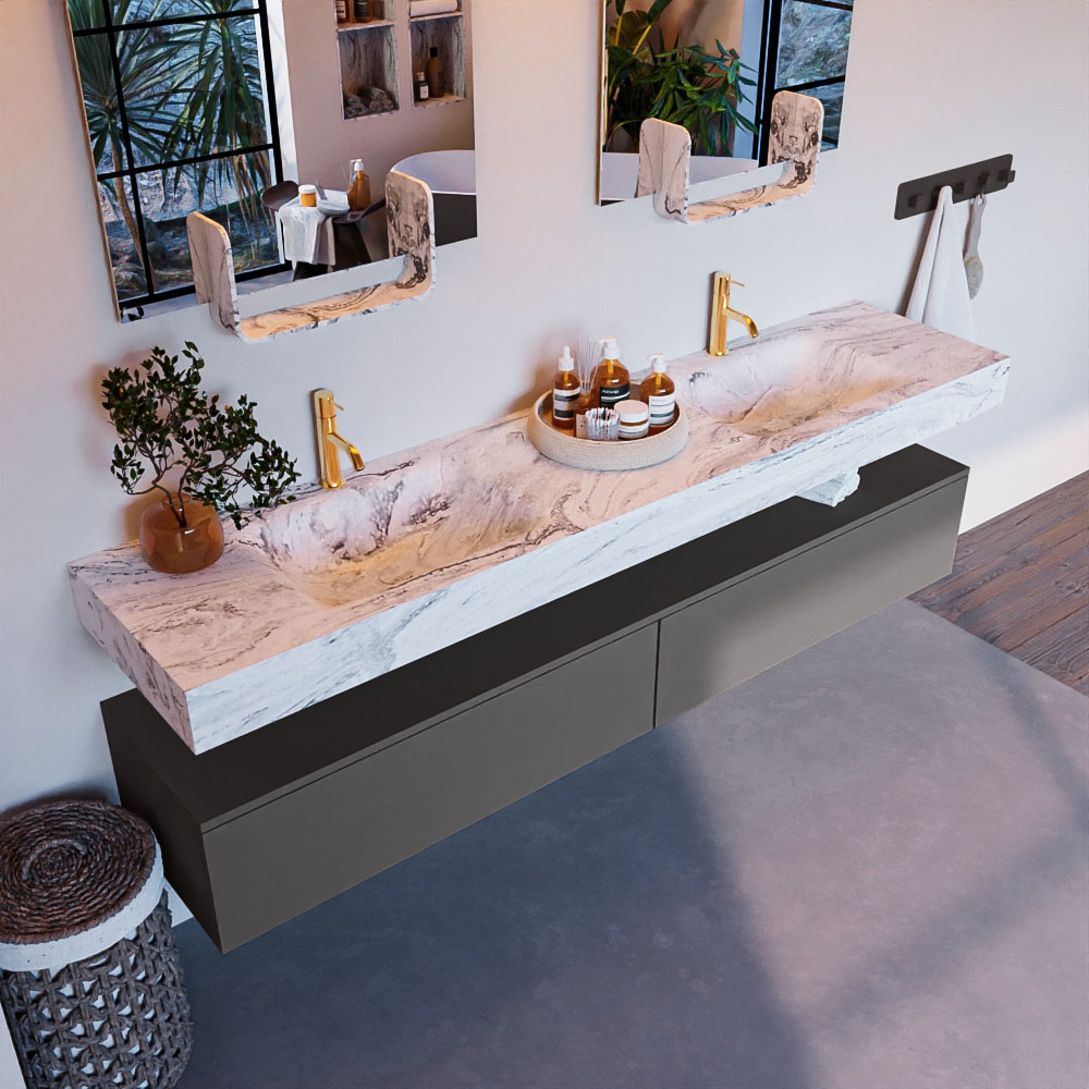 MONDIAZ ALAN-DLUX 200cm mueble de baño Dark Grey 2 cajones. Lavabo CLOUD Doble 2 orificios color Glace. 1 MONDIAZ ALAN-DLUX 200cm mueble de baño Dark Grey 2 cajones. Lavabo CLOUD Doble 2 orificios color Glace.