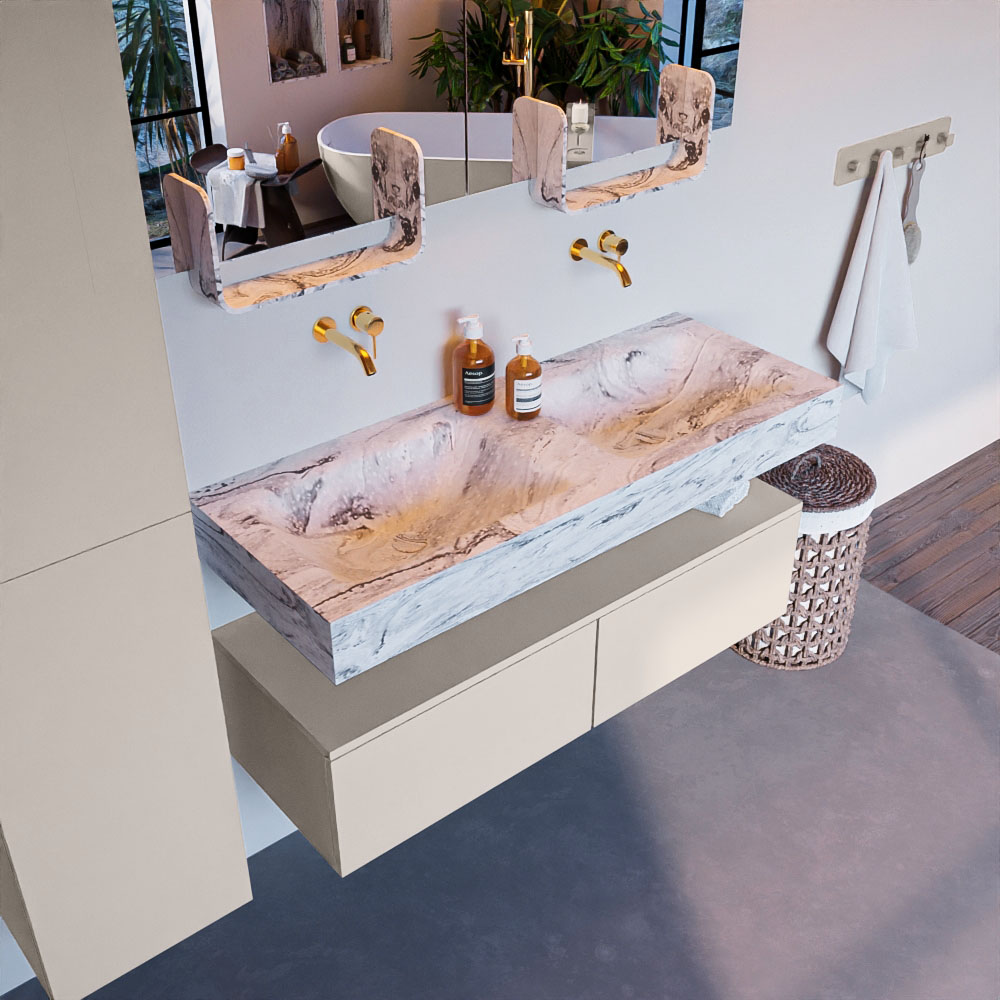 MONDIAZ ALAN-DLUX 120cm mueble de baño Linen 2 cajones. Lavabo CLOUD Doble sin orificios color Glace. 1 MONDIAZ ALAN-DLUX 120cm mueble de baño Linen 2 cajones. Lavabo CLOUD Doble sin orificios color Glace.