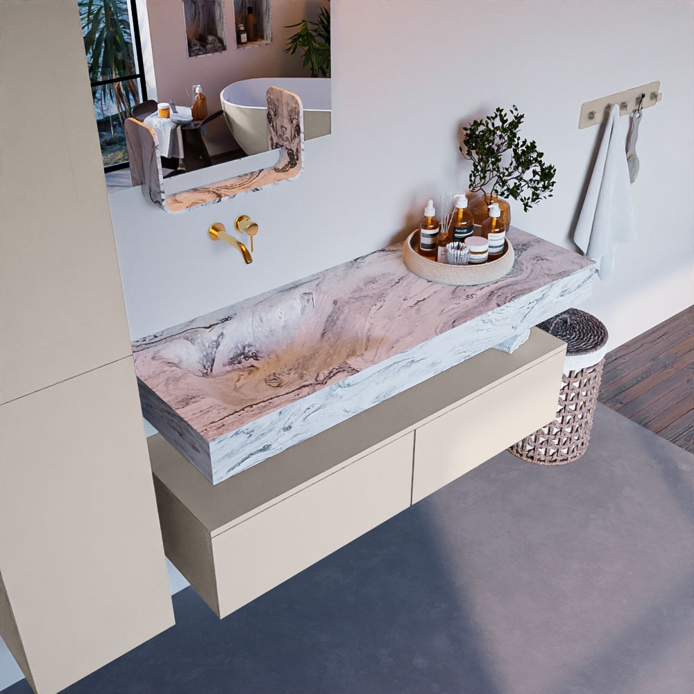 MONDIAZ ALAN-DLUX 130cm mueble de baño Linen 2 cajones. Lavabo CLOUD Izquierda sin orificios color Glace. 1 MONDIAZ ALAN-DLUX 130cm mueble de baño Linen 2 cajones. Lavabo CLOUD Izquierda sin orificios color Glace.