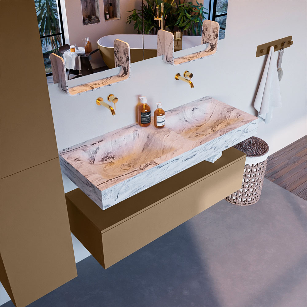 MONDIAZ ALAN-DLUX 120cm mueble de baño Oro 1 cajón. Lavabo CLOUD Doble sin orificios color Glace. 1 MONDIAZ ALAN-DLUX 120cm mueble de baño Oro 1 cajón. Lavabo CLOUD Doble sin orificios color Glace.
