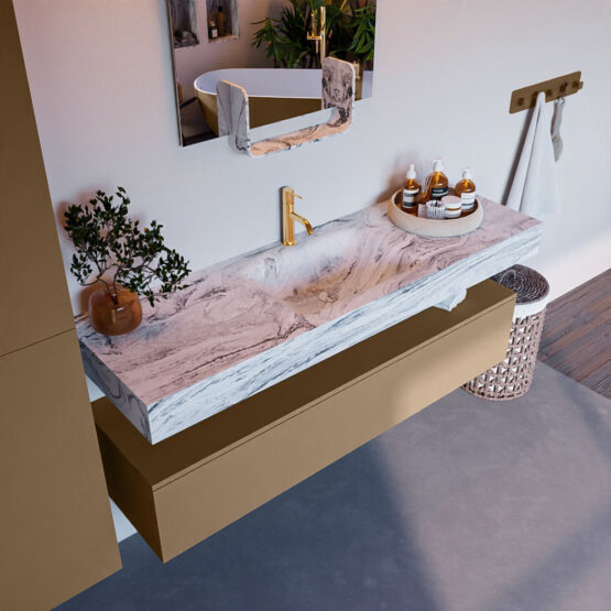 MONDIAZ ALAN-DLUX 150cm mueble de baño Oro 1 cajón. Lavabo CLOUD Centro 1 orificio color Glace.