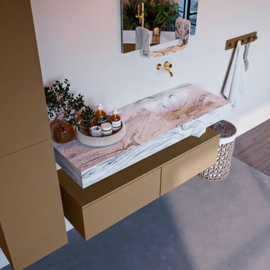 MONDIAZ ALAN-DLUX 130cm mueble de baño Oro 2 cajones. Lavabo CLOUD Derecho sin orificios color Glace.