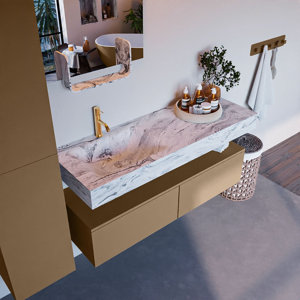 MONDIAZ ALAN-DLUX 130cm mueble de baño Oro 2 cajones. Lavabo CLOUD Izquierda 1 orificio color Glace. 1 MONDIAZ ALAN-DLUX 130cm mueble de baño Oro 2 cajones. Lavabo CLOUD Izquierda 1 orificio color Glace.