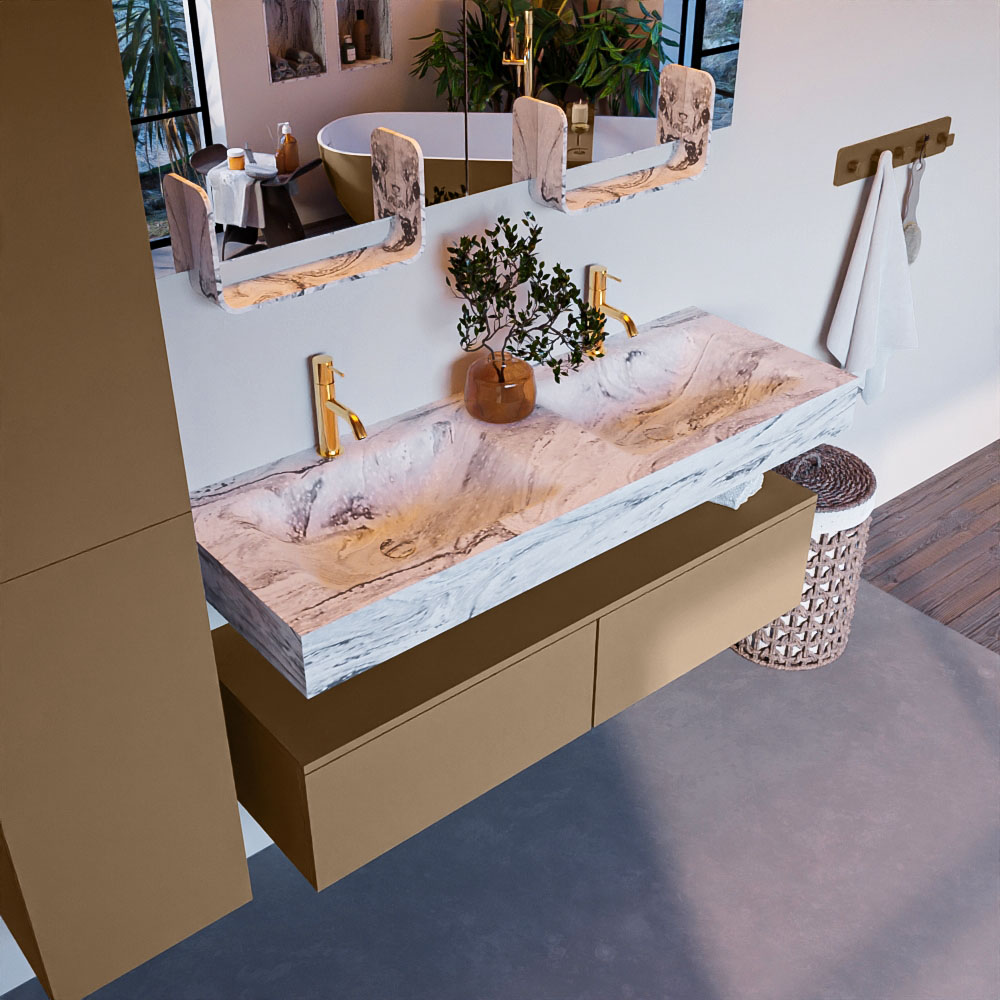 MONDIAZ ALAN-DLUX 130cm mueble de baño Oro 2 cajones. Lavabo CLOUD Doble 2 orificios color Glace. 1 MONDIAZ ALAN-DLUX 130cm mueble de baño Oro 2 cajones. Lavabo CLOUD Doble 2 orificios color Glace.