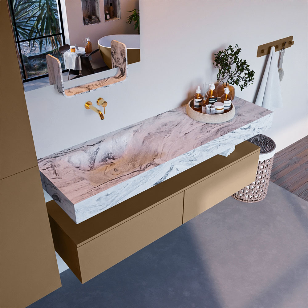 MONDIAZ ALAN-DLUX 150cm mueble de baño Oro 2 cajones. Lavabo CLOUD Izquierda sin orificios color Glace. 1 MONDIAZ ALAN-DLUX 150cm mueble de baño Oro 2 cajones. Lavabo CLOUD Izquierda sin orificios color Glace.
