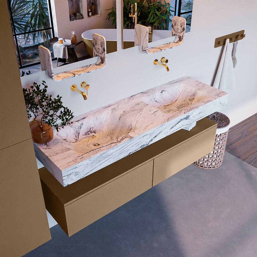 MONDIAZ ALAN-DLUX 150cm mueble de baño Oro 2 cajones. Lavabo CLOUD Doble sin orificios color Glace. 1 MONDIAZ ALAN-DLUX 150cm mueble de baño Oro 2 cajones. Lavabo CLOUD Doble sin orificios color Glace.