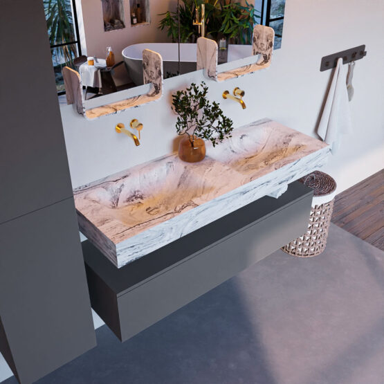 MONDIAZ ALAN-DLUX 130cm mueble de baño Plata 1 cajón. Lavabo CLOUD Doble sin orificios color Glace.