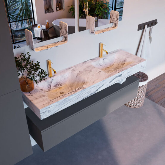 MONDIAZ ALAN-DLUX 150cm mueble de baño Plata 1 cajón. Lavabo CLOUD Doble 2 orificios color Glace.