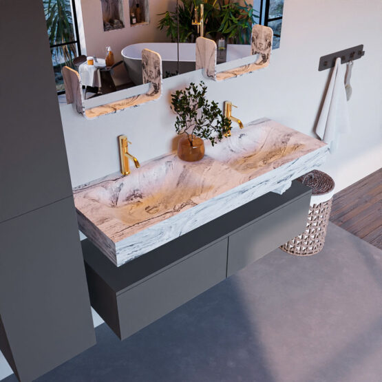 MONDIAZ ALAN-DLUX 130cm mueble de baño Plata 2 cajones. Lavabo CLOUD Doble 2 orificios color Glace.