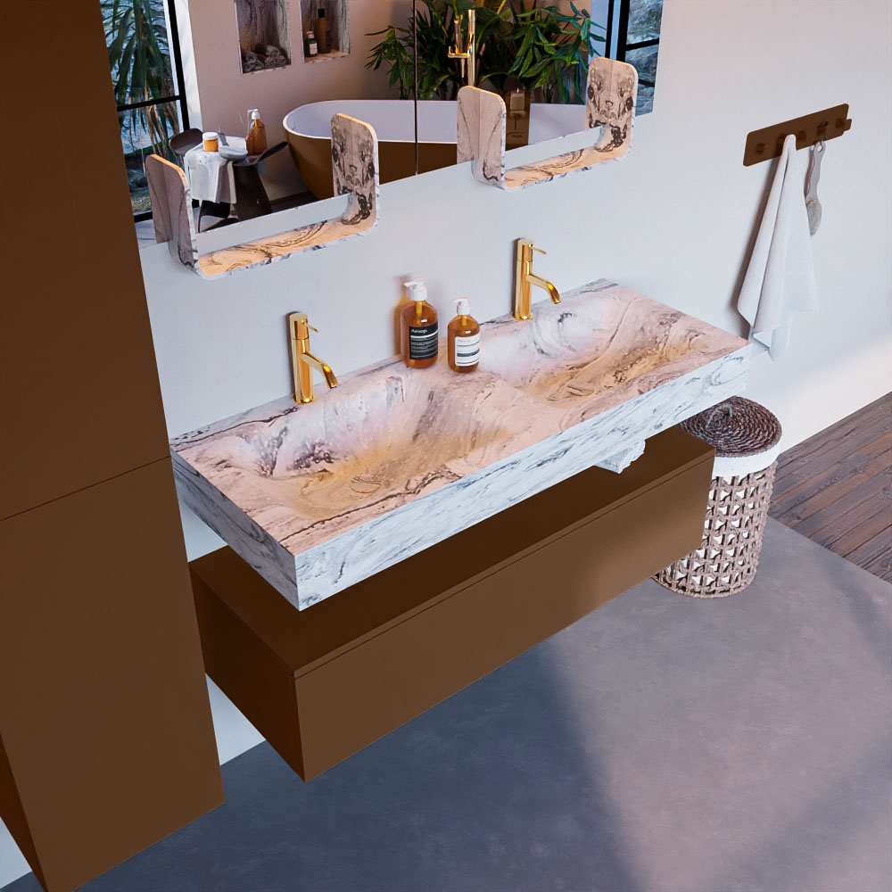 MONDIAZ ALAN-DLUX 120cm mueble de baño Rust 1 cajón. Lavabo CLOUD Doble 2 orificios color Glace. 1 MONDIAZ ALAN-DLUX 120cm mueble de baño Rust 1 cajón. Lavabo CLOUD Doble 2 orificios color Glace.