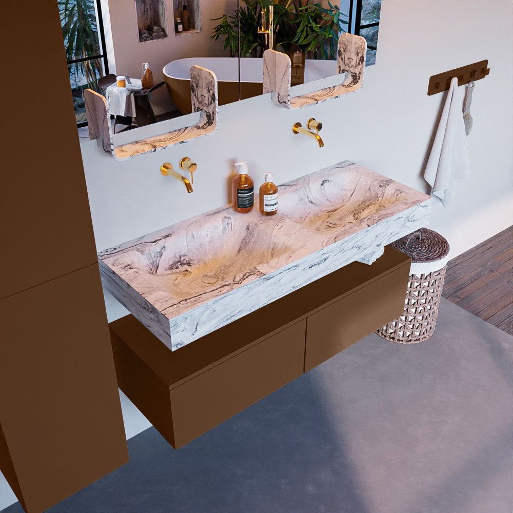 MONDIAZ ALAN-DLUX 120cm mueble de baño Rust 2 cajones. Lavabo CLOUD Doble sin orificios color Glace. 1 MONDIAZ ALAN-DLUX 120cm mueble de baño Rust 2 cajones. Lavabo CLOUD Doble sin orificios color Glace.