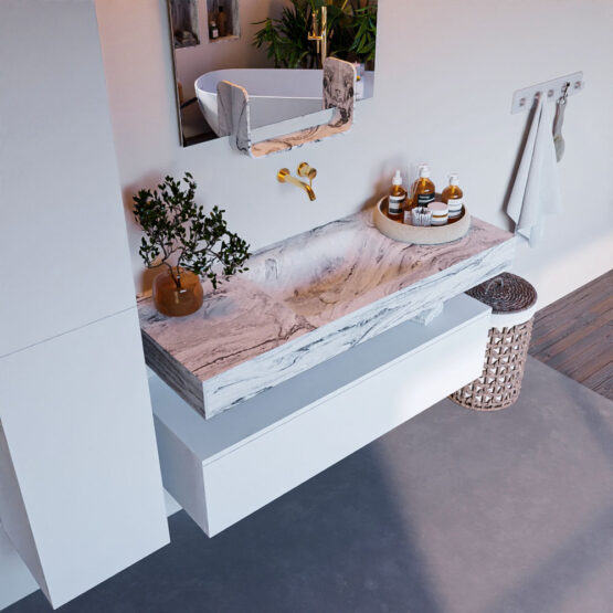 MONDIAZ ALAN-DLUX 120cm mueble de baño Talc 1 cajón. Lavabo CLOUD Centro sin orificios color Glace.