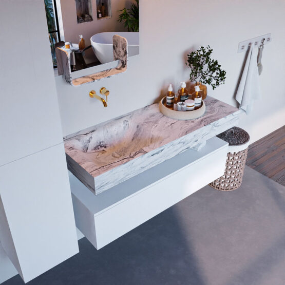 MONDIAZ ALAN-DLUX 120cm mueble de baño Talc 1 cajón. Lavabo CLOUD Izquierda sin orificios color Glace.