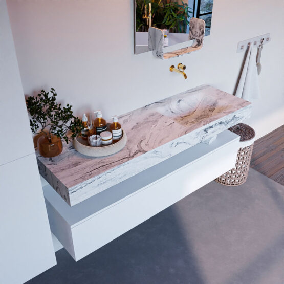 MONDIAZ ALAN-DLUX 150cm mueble de baño Talc 1 cajón. Lavabo CLOUD Derecho sin orificios color Glace.