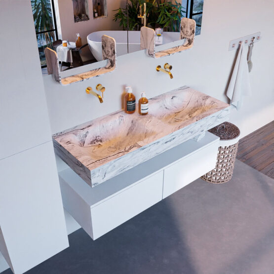 MONDIAZ ALAN-DLUX 120cm mueble de baño Talc 2 cajones. Lavabo CLOUD Doble sin orificios color Glace.