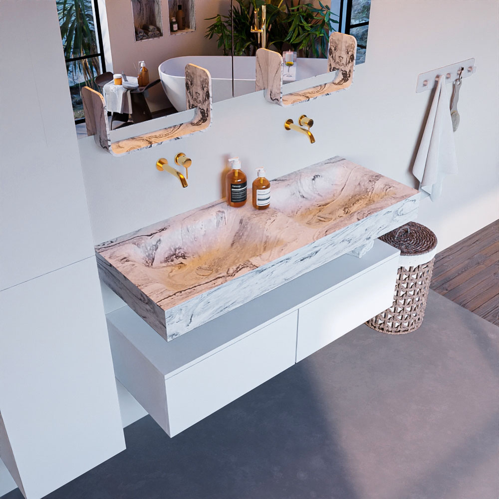 MONDIAZ ALAN-DLUX 120cm mueble de baño Talc 2 cajones. Lavabo CLOUD Doble sin orificios color Glace. 1 MONDIAZ ALAN-DLUX 120cm mueble de baño Talc 2 cajones. Lavabo CLOUD Doble sin orificios color Glace.