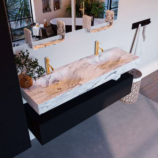 MONDIAZ ALAN-DLUX 150cm mueble de baño Urban 1 cajón. Lavabo CLOUD Doble 2 orificios color Glace.