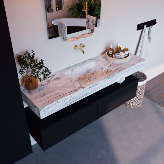 MONDIAZ ALAN-DLUX 150cm mueble de baño Urban 2 cajones. Lavabo CLOUD Centro sin orificios color Glace.