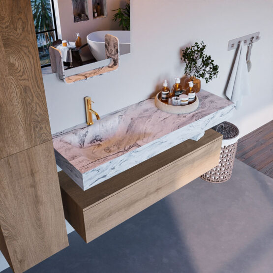 MONDIAZ ALAN-DLUX 130cm mueble de baño Washed Oak 1 cajón. Lavabo CLOUD Izquierda 1 orificio color Glace.