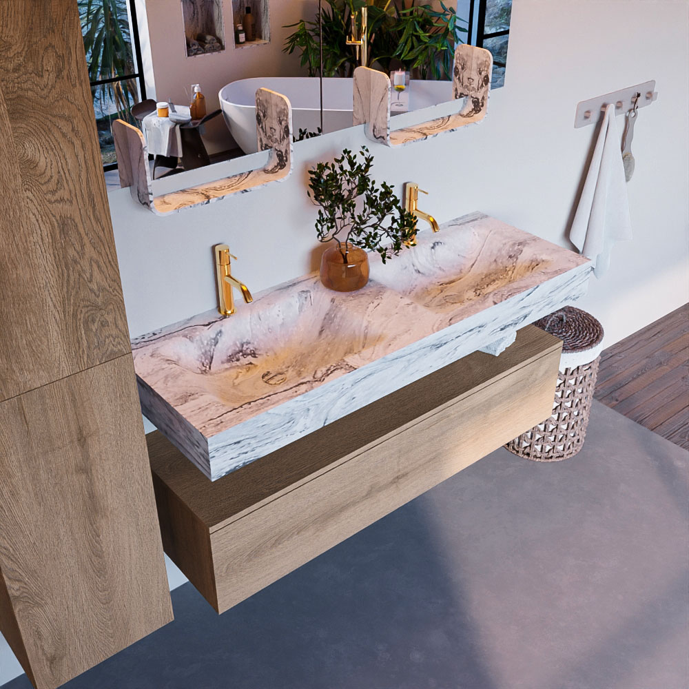 MONDIAZ ALAN-DLUX 130cm mueble de baño Washed Oak 1 cajón. Lavabo CLOUD Doble 2 orificios color Glace. 1 MONDIAZ ALAN-DLUX 130cm mueble de baño Washed Oak 1 cajón. Lavabo CLOUD Doble 2 orificios color Glace.