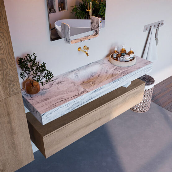 MONDIAZ ALAN-DLUX 150cm mueble de baño Washed Oak 1 cajón. Lavabo CLOUD Centro sin orificios color Glace.