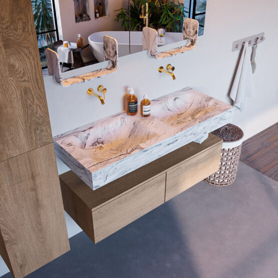 MONDIAZ ALAN-DLUX 120cm mueble de baño Washed Oak 2 cajones. Lavabo CLOUD Doble sin orificios color Glace.