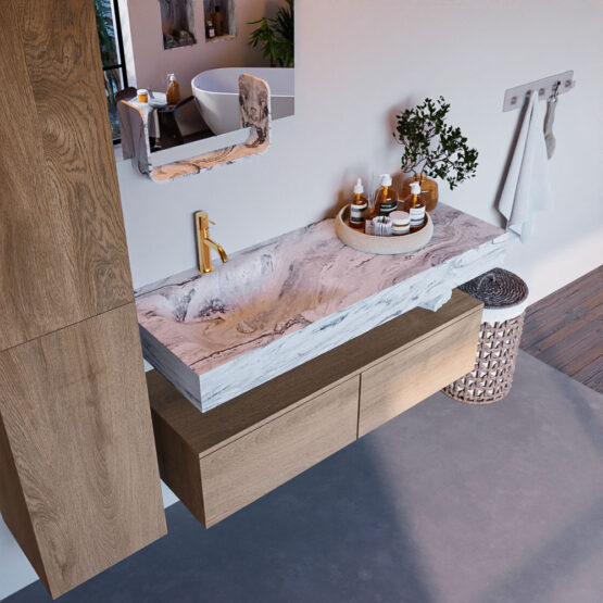 MONDIAZ ALAN-DLUX 120cm mueble de baño Washed Oak 2 cajones. Lavabo CLOUD Izquierda 1 orificio color Glace.