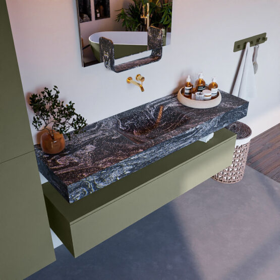 MONDIAZ ALAN-DLUX 150cm mueble de baño Army 1 cajón. Lavabo CLOUD Centro sin orificios color Lava.