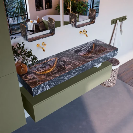 MONDIAZ ALAN-DLUX 150cm mueble de baño Army 1 cajón. Lavabo CLOUD Doble sin orificios color Lava.