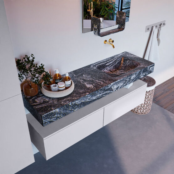 MONDIAZ ALAN-DLUX 150cm mueble de baño Cale 2 cajones. Lavabo CLOUD Derecho sin orificios color Lava.