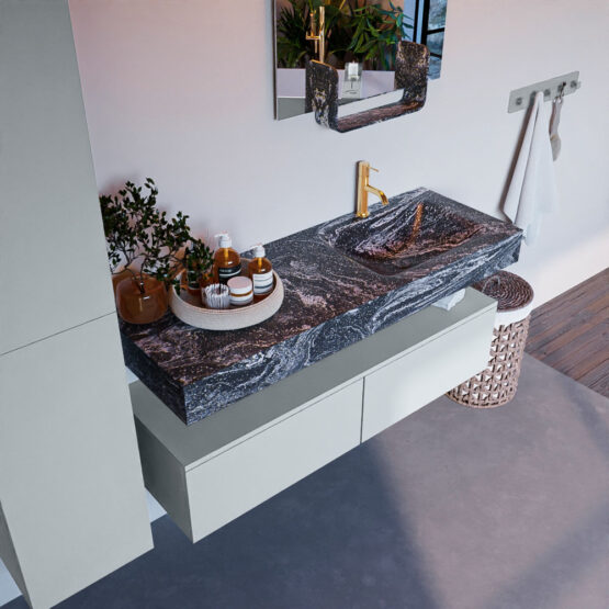 MONDIAZ ALAN-DLUX 130cm mueble de baño Clay 2 cajones. Lavabo CLOUD Derecho 1 orificio color Lava.