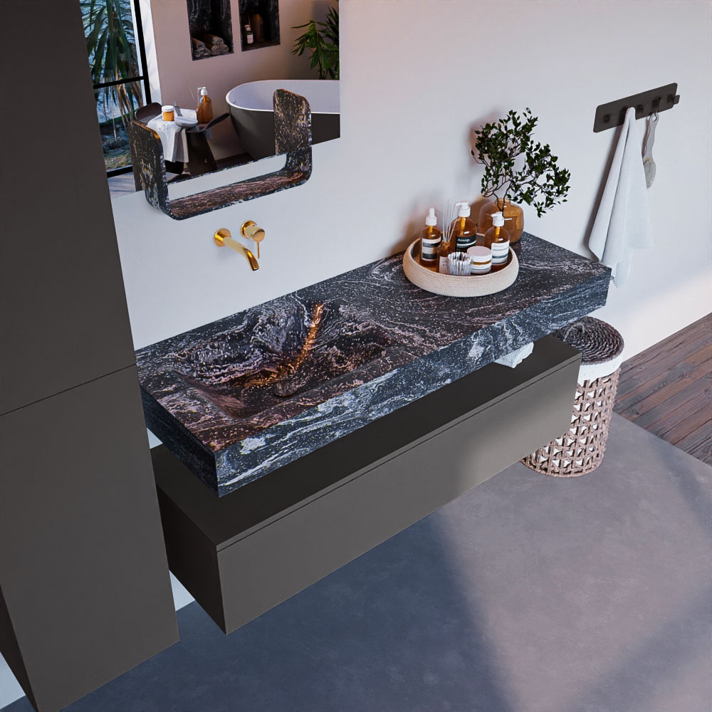 MONDIAZ ALAN-DLUX 130cm mueble de baño Dark Grey 1 cajón. Lavabo CLOUD Izquierda sin orificios color Lava. 1 MONDIAZ ALAN-DLUX 130cm mueble de baño Dark Grey 1 cajón. Lavabo CLOUD Izquierda sin orificios color Lava.