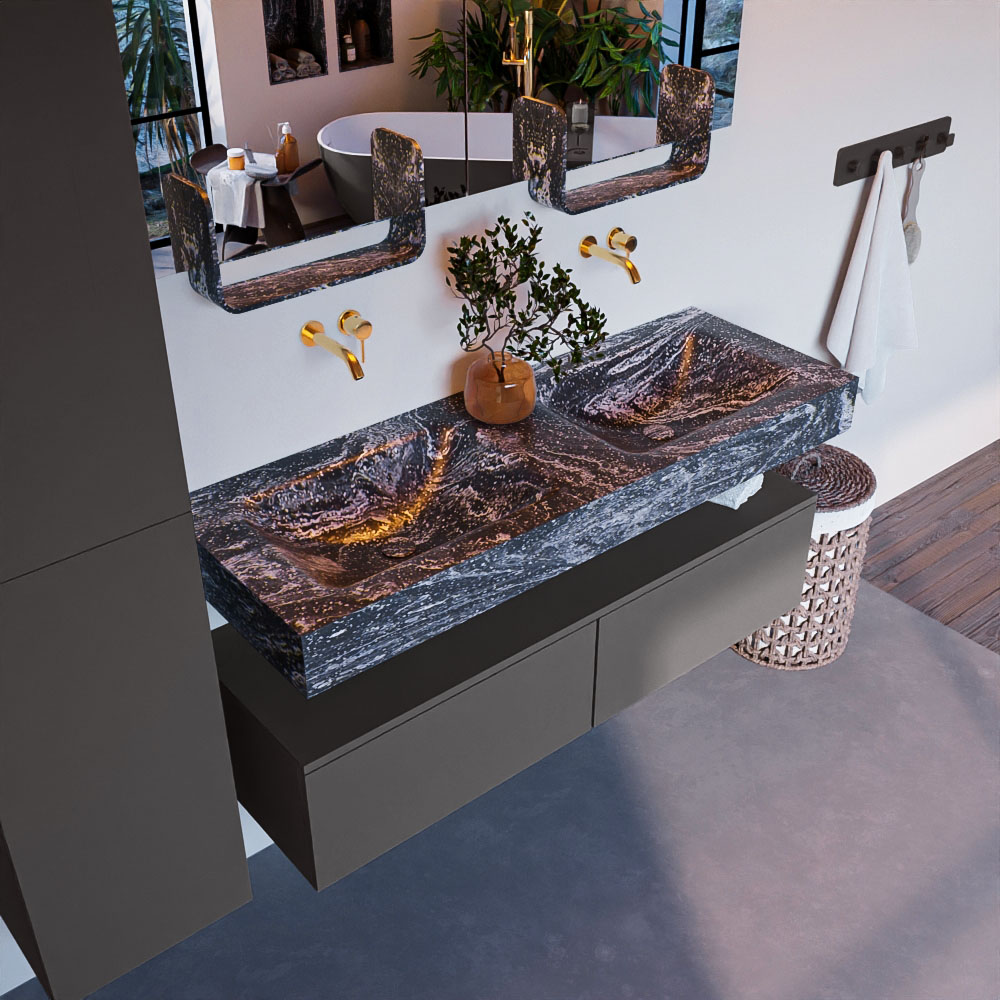 MONDIAZ ALAN-DLUX 130cm mueble de baño Dark Grey 2 cajones. Lavabo CLOUD Doble sin orificios color Lava. 1 MONDIAZ ALAN-DLUX 130cm mueble de baño Dark Grey 2 cajones. Lavabo CLOUD Doble sin orificios color Lava.