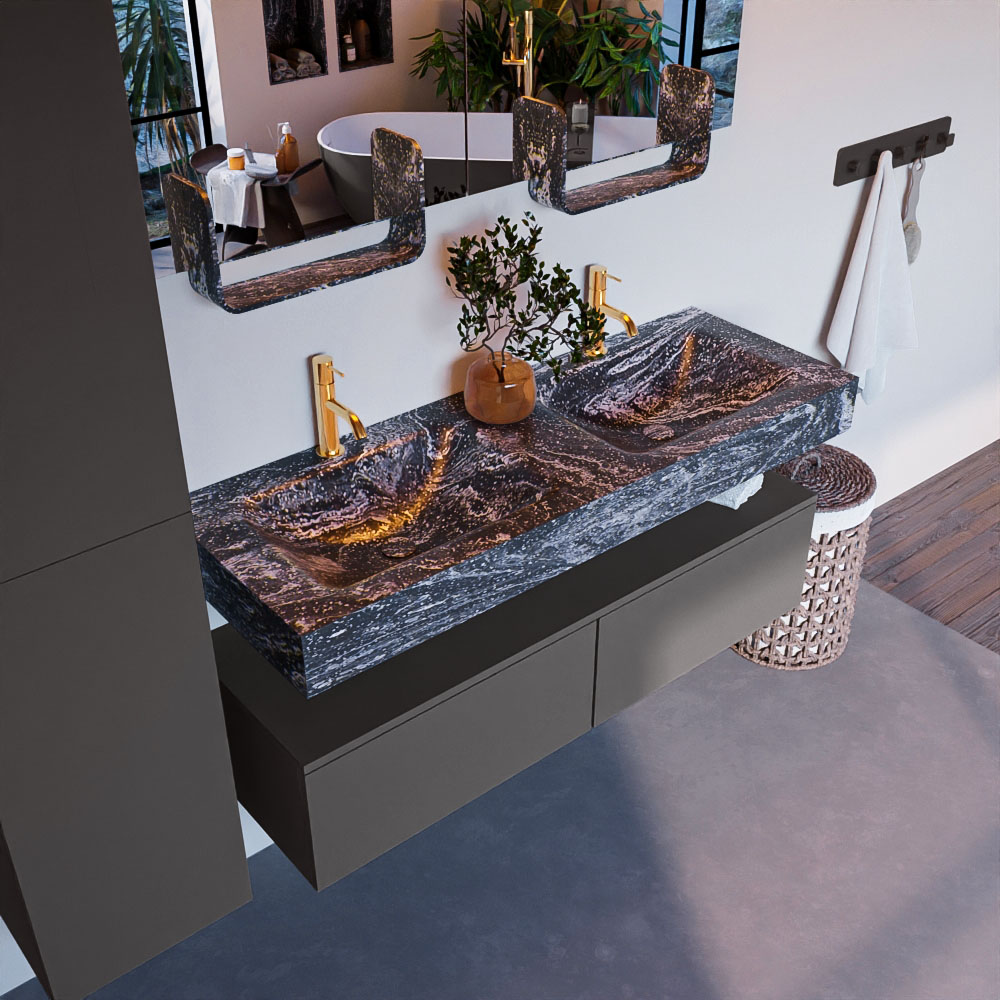 MONDIAZ ALAN-DLUX 130cm mueble de baño Dark Grey 2 cajones. Lavabo CLOUD Doble 2 orificios color Lava. 1 MONDIAZ ALAN-DLUX 130cm mueble de baño Dark Grey 2 cajones. Lavabo CLOUD Doble 2 orificios color Lava.