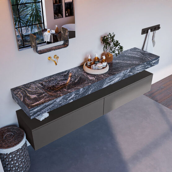 MONDIAZ ALAN-DLUX 200cm mueble de baño Dark Grey 2 cajones. Lavabo CLOUD Izquierda sin orificios color Lava.