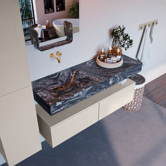 MONDIAZ ALAN-DLUX 130cm mueble de baño Linen 2 cajones. Lavabo CLOUD Izquierda sin orificios color Lava.