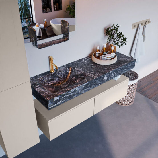 MONDIAZ ALAN-DLUX 130cm mueble de baño Linen 2 cajones. Lavabo CLOUD Izquierda 1 orificio color Lava.